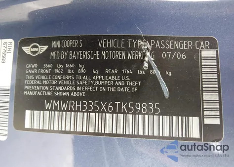 2006 Mini Cooper S z USA, uszkodzony, nr VIN WMWRH335X6TK59835